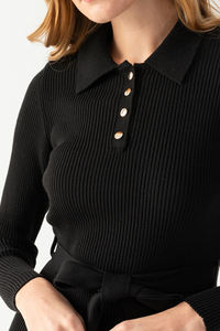 ชุดเดรสผ้าลูกฟูกสำหรับผู้หญิง, ชุดเดรสแขนเสื้อถักคอโปโลสวมใส่สบายมีสไตล์ตกแต่งลายรอบเอวธรรมชาติ - Product Image 5