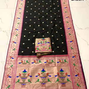 Sari de Fiesta para Mujer, Diseño Moderno, Kanjivaram Paithani Banarasi, Seda Suave, Imitación de Piel, Estampado Digital, por Fab Zone - Product Image 1
