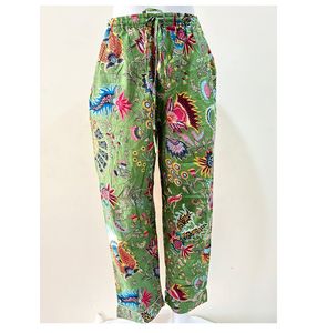 Tropical Bloom Cotton Pants Green <b>Garden</b> Boho <b>Trousers</b> Wildflower Print Lounge Pants - Product Image 1