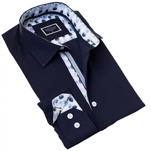 Chemise habillée à manches longues en coton bleu marine avec feuilles imprimées à des fins décontractées et de vacances pour hommes avec votre marque