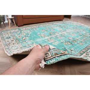 Alfombra Turca Vintage Grande de 6.1x9.4 pies, Alfombra de Lana Sólida Azul y Blanca - Product Image 4