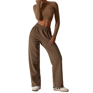 Pantalon de survêtement taille haute pour femme ensemble de joggeurs haut court avec col rond manches longues polaire solide coupe ajustée pour la course décontractée en hiver - Product Image 4