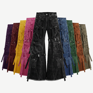 Pantalon cargo en denim vintage surdimensionné, personnalisé, délavé, jambe large, sangle, streetwear, multi-poches, couleur personnalisée - Product Image 1