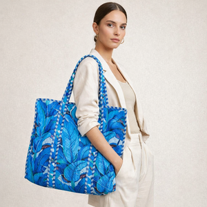 Aquatic Leaf Print Quilted Tote Bag - Refreshing Sustainable Daily Carry - Product Image 1