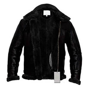 Chaqueta de bombardero para hombre, chaqueta de piel de oveja con forro de piel de oveja Real de aviador, chaqueta de piloto volador negra cálida para invierno, Cuello de piel - Product Image 3
