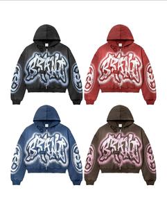 Sweat-shirts à capuche courts et épais, style streetwear, vintage, délavé à l'acide, impression personnalisée, sweat-shirt à capuche zippé délavé personnalisé - Product Image 2