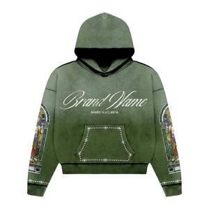 À la mode Acide Lavé Pull À Capuche pour Femmes 100% Coton Vintage Imprimé Applique Broderie Hiver Chaud Côtelé Poignets Marron - Product Image 6
