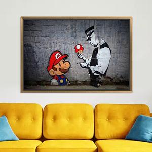 Arte en Lienzo de Super Mario Graffiti: Impresión Decorativa para Sala de Juegos Estilo Banksy, Lienzo con Marco Dorado - Product Image 1