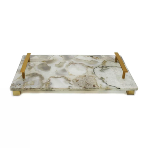 Nouveau plateau de service en marbre blanc avec incrustation en laiton, poignée en métal, style américain, écologique, fait main, plateau de mariage - Marque TQC - Product Image 5