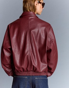 Blouson bomber en laine bordeaux pour femme, veste zippée oversize, style vintage, ourlet élastique, vêtement d'extérieur décontracté d'hiver, doublure en coton - Product Image 2