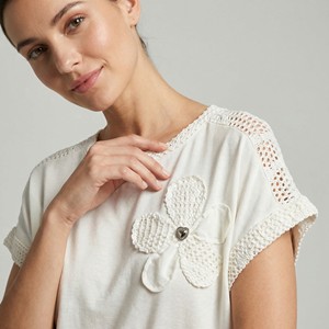 Blusa Casual de Corte Regular con Cuello Redondo, Mangas Murciélago Abullonadas, Detalles de Malla con Diamantes, Transpirable, Viscosa/Poliéster, Mangas Cortas, Primavera/Verano - Product Image 3