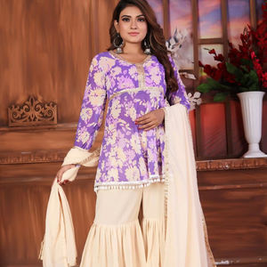 Conjunto de Kurta de algodón puro con estampado floral rosa para fiesta de boda india y pakistaní con Sharara y Dupatta Salwar Kameez - Product Image 1