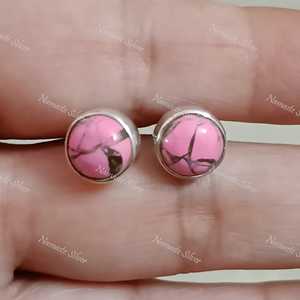 925 Sterling Silver Stud Earrings Minimalist Pink Turquoise Gemstone Diamond Handmade Jewelry with Copper <b>Posts</b> Main Stone - Product Image 4