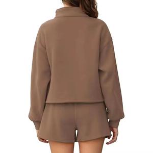 Custom Two Piece Distressed Woman Cotton Blank Zip up Cropped Sweatsuits Jogging Hoodie Tracksuits 2 Piece Shorts <b>Set</b> for Women - Product Image 2