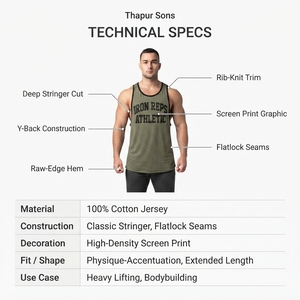 Men's Cotton Blend Knit Gym Tank Top-Olive Green Drop Armhole <b>Stringer</b> <b>Vest</b> for Bodybuilding - Product Image 5