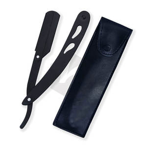 Maquinilla de afeitar recta de peluquero de acero inoxidable sólido con logotipo personalizado con revestimiento negro con hoja expuesta moldeador de barba de salón profesional - Product Image 4