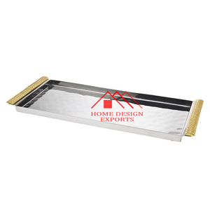 Latest Design Stainless Steel Serving <b>Tray</b> with Brass Handle for <b>Table</b> Centerpieces 2024 New Design Hot Sale Rectangle Foods - Product Image 4