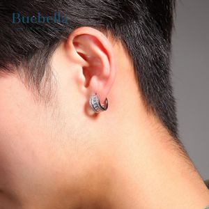 Vente flash : Boucles d'oreilles créoles en argent sterling 925 plaqué argent, serties de diamants de laboratoire glacés, taille ronde et baguette, 14 mm, pour hommes, style hip-hop - Product Image 1