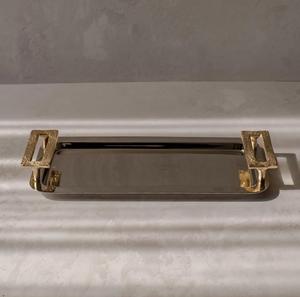 Plateau de service rectangulaire en aluminium avec poignée en métal Plateau décoratif Diwali Disponible Élégant Design en bois d'acacia Finition émaillée - Product Image 3