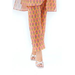 Pantalon décontracté imprimé en cambric orange pour femme, taille XL, en coton respirant, taille mi-haute, fermeture élastique, avec bande latérale décorative - Product Image 3