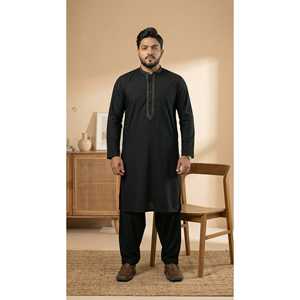 Kurta Nadeem CLk-18, Kameez Shalwar para Hombre, Color Negro Sólido, Formal, para Bodas y Fiestas, Manga Larga, Lavable, Corte Personalizado - Product Image 1