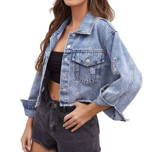 Top <b>Sale</b> Autumn and <b>Spring</b> Crop Women's Denim Jean Jacket Turn Down Collar Pocket Loose Jacket For Women with OEM Service - Product Image 3