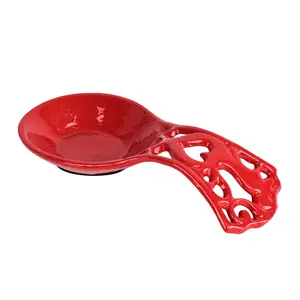 Metal Spoon Rest Holder for Stove Top Sturdy and Unbreakable Cast Iron Ladle Holder for Kitchen Curved Design Pumpkin Red