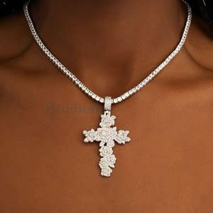 Fashion Solid 925 Silver White <b>Gold</b> Plated <b>Cross</b> Pendant Rose <b>Cross</b> Moissanite Pendant Iced For Women - Product Image 1