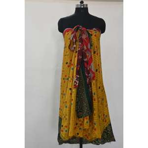 Red and Yellow Floral Boho Hippie <b>Silk</b> Saree Wrap Ankle-Length <b>Skirt</b> for Women Vintage Style with Natural Waistline for Summer - Product Image 4