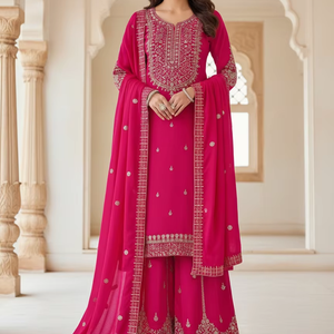 ชุดคุर्ตา ชารารा พรีเมียมสีชมพู ยี่ห้อ UNITY LUXURE พร้อมผ้าคลุมไหล่ ผ้าผสมไหม ตกแต่งด้วยงานปักดิ้นและด้าย งานฝีมือประณีต เหมาะสำหรับงานเทศกาลและงานพิธีต่างๆ - Product Image 1