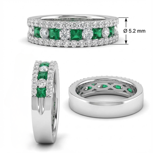 Bague d'éternité à trois rangs en or blanc massif 18 carats avec émeraudes naturelles et diamants véritable, taille princesse, pavé de luxe pour mariée - Product Image 4