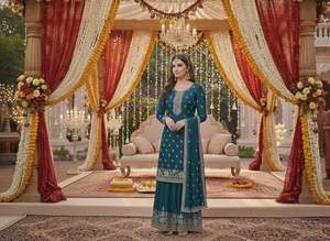 Traje Palazzo Sayori Chinnon de Primera Calidad con Kurta Étnica Bordada y Trabajo de Lentejuelas para Mujer, para Bodas y Eventos - Product Image 5