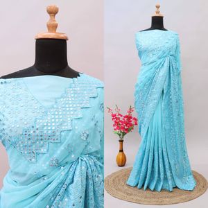Superb Soft Refined Georget Silk Saree con hilo Lucknowi Chikankari Trabajo con lentejuelas de 9Mm trabajo nalso adjunto mismo trabajo - Product Image 2