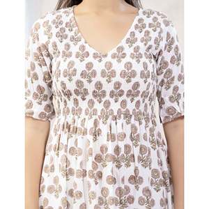 Abito in cotone stampato <span class=keywords><strong>beige</strong></span> <span class=keywords><strong>bianco</strong></span> personalizzato, taglie forti, con vita impero, taglia XS, ideale per serate in discoteca <span class=keywords><strong>e</strong></span> occasioni casual. - Product Image 2