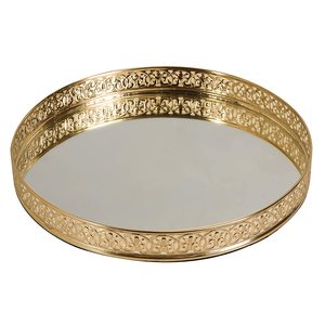 Plateau miroir décoratif rond en verre plaqué or 10 pouces Dia pour le mariage et le cadeau Pooja (10X10X2 pouces) - Product Image 1