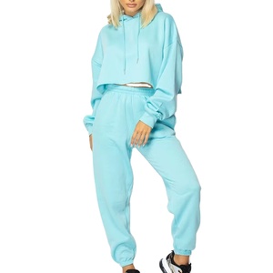 <b>Women's</b> Casual Crop Hoodies with Full Sleeves Wholesale 2-Piece Set of Plain Blank Design Tracksuit Solid <b>Pattern</b> Crop Top Pants - Product Image 1