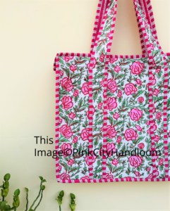 Sac fourre-tout en coton indien imprimé bloc à main sac d'épicerie matelassé pour femmes fermeture à glissière faite à la main par les femmes pour l'été/hiver - Product Image 2