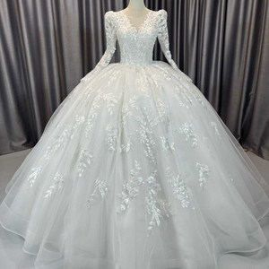 Robe de mariée en dentelle scintillante Jancember CM65, robe de mariée en tulle, col en V, robe de bal, vestido de novia, manches longues, cérémonie cathédrale - Product Image 1