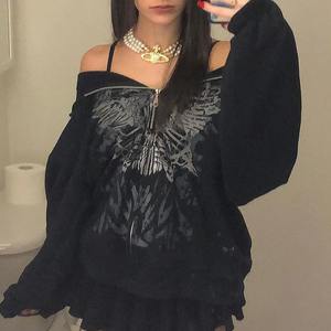 2024 nouveau noir femme à capuche fermeture éclair Style américain manteau décontracté 100% coton Anti-rétrécissement Anti-rides imprimé avant foncé - Product Image 1