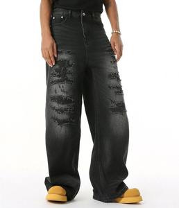 Pantalons amples lavés en gros, streetwear, hip-hop, logo personnalisé, denim droit ample, pantalon de haute qualité, jeans pour hommes - Product Image 4