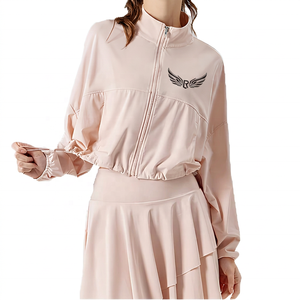 Women's Pink Full Sleeve Zipper <b>Jacket</b> With Logo Embroidery Stand Collar Breathable Polyester - Product Image 1