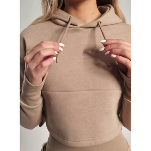 <b>Womens</b> Tan Cropped Hoodie And Matching <b>Joggers</b> Set Premium Heavyweight <b>Fleece</b> Pullover Trackstar OEM Private Label - Product Image 4