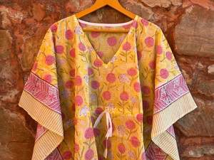 Demoiselle d'honneur été plage Caftan robe beau bloc floral imprimé à la main léger 100% coton caftan col en v taille naturelle - Product Image 5