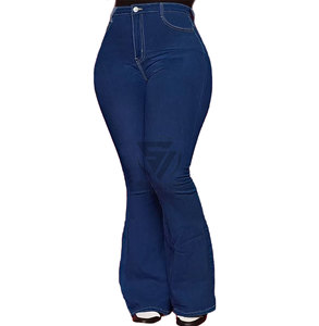 Women's Vintage Mid Waist Knitted Denim Flare Pants Elastic <b>Tight</b> Eco-Friendly Breathable Summer Casual Jeans - Product Image 3