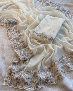 Boutique indienne la plus vendue élégante élégante fantaisie saree Crush tissu de soie broderie séquence travail exclusif ethnique saree porter - Product Image 1