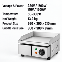 Commerciële elektrische grillplaat 360mm compacte vlakke grill 1700W 8mm plaat roestvrij staal aanrechtmodel voor restaurant café