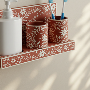 ชุดอุปกรณ์จัดระเบียบห้องน้ำลายดอกไม้หรูหรา งานฝีมือประดับลายดอกไม้ ชั้นวางของแบบลอยตัวและที่วางแปรงสีฟัน ดินเผาคุณภาพพรีเมียม - Product Image 4