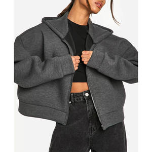 Sweat à capuche zippé court pour femme, épaules tombantes personnalisées, manches longues, haut tendance pour l'hiver - Product Image 1