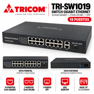 Switch Ethernet Gigabit 16 ports + 2 ports UPLINK + 1 port SFP. Ordinateur de bureau et 19 pouces TRICOM - Product Image 1