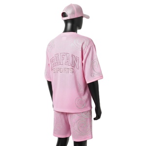 men's <b>set</b> Premium Polyester Mesh Men Short <b>Set</b> GSM Breathable Pink Sportswear Rhinestone Heat Transfer Custom Logo - Product Image 4